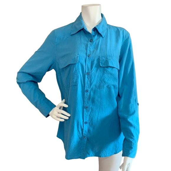 NEXX New York Long Sleeve Button Front Teal Silk tailored Blouse, size M EUC - Picture 1 of 11